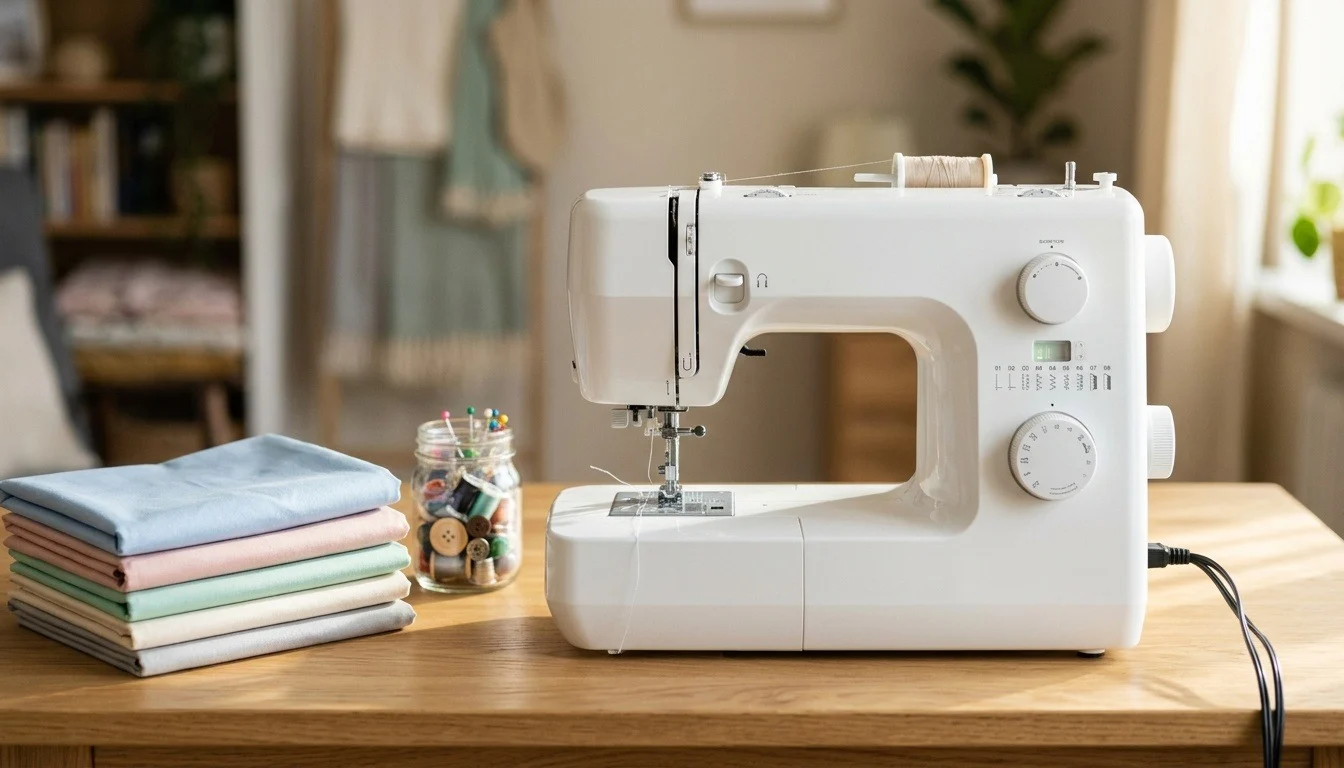 An unmarked sewing machine beside folded fabric in a home sewing room