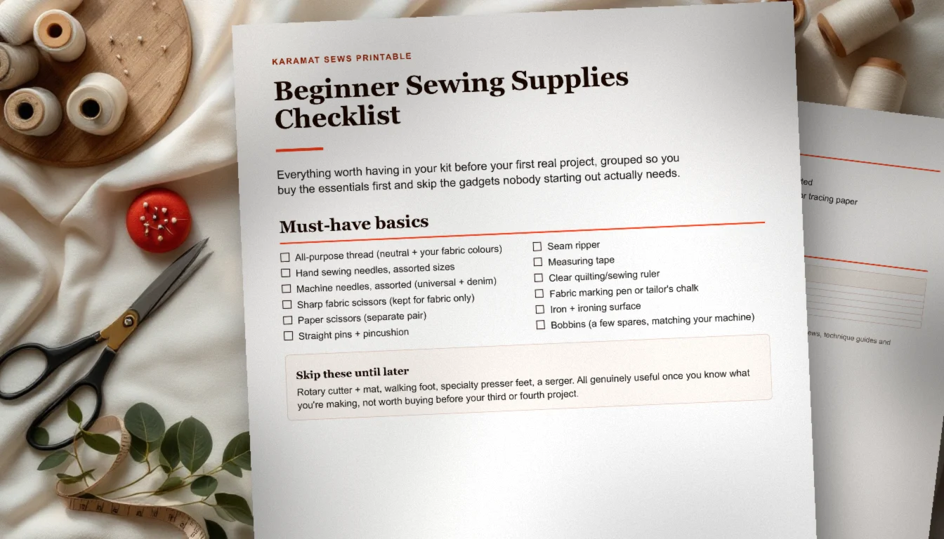 The printed Beginner Sewing Supplies Checklist on linen beside thread spools, a pincushion and fabric scissors