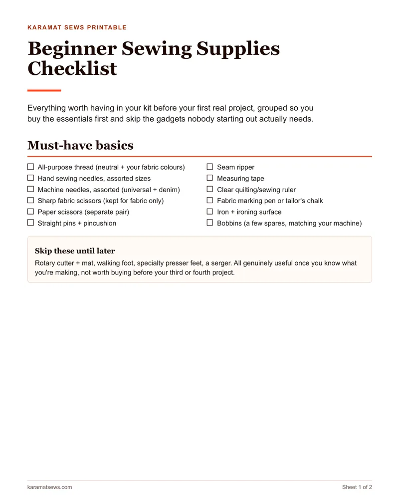 Page one of the Beginner Sewing Supplies Checklist with tick boxes