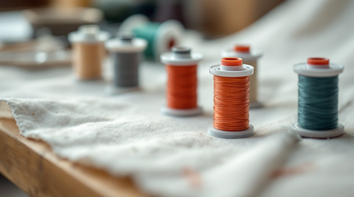 Spools of thread in cream, grey, tomato and teal on a linen-covered table