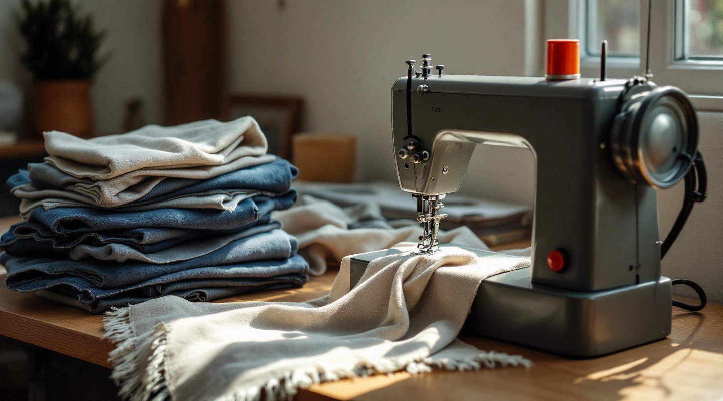 Grey sewing machine on a table beside a stack of folded denim
