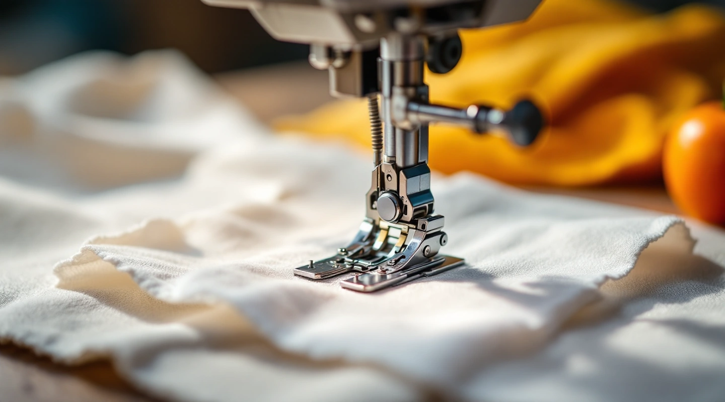 Close-up of a sewing machine presser foot on plain white cotton