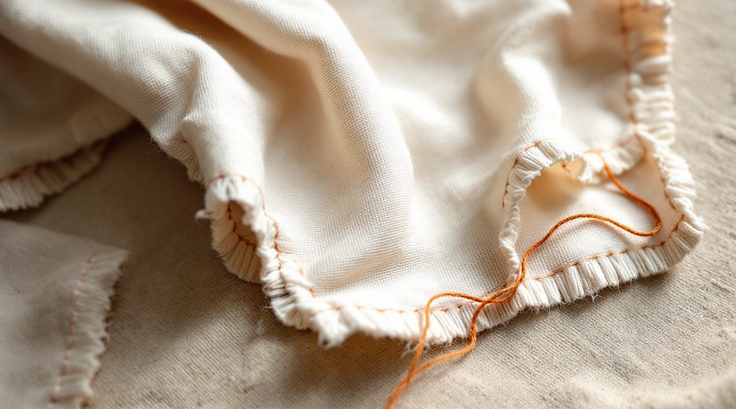 Underside of a cream cotton scrap with loose red thread loops