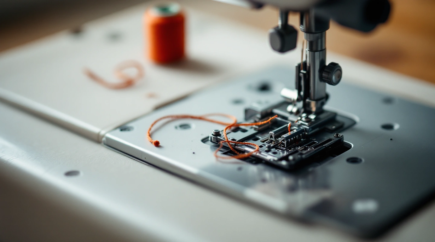 Sewing machine needle plate area with a small tangle of red thread