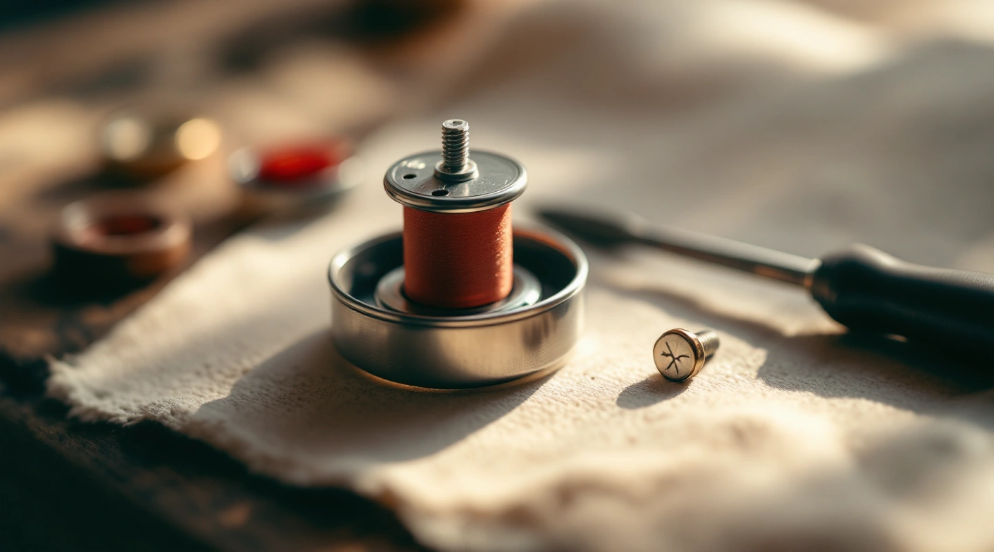A bobbin with red thread in a metal bobbin case beside a small screwdriver