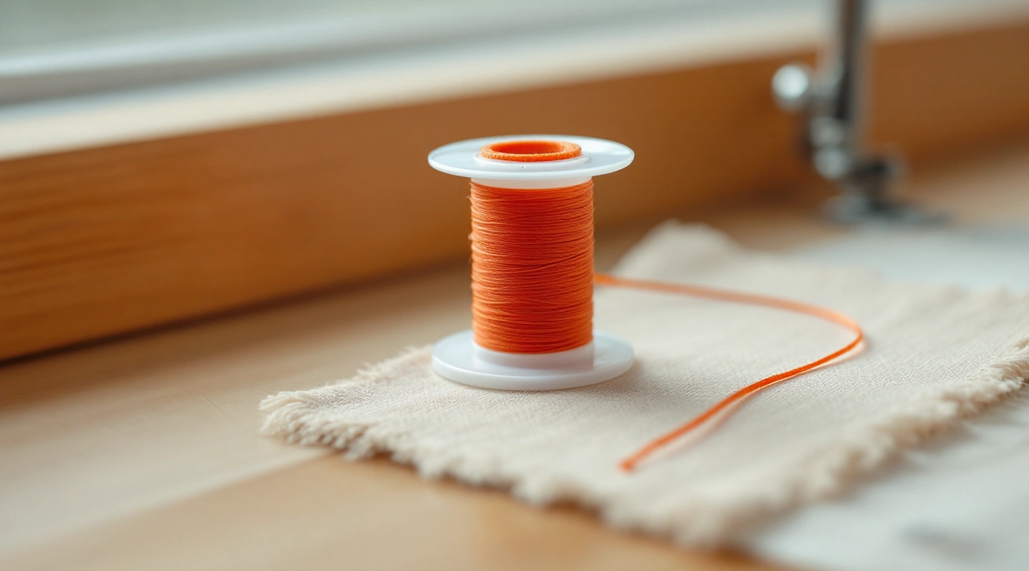A bobbin wound with tomato-red thread on a linen scrap