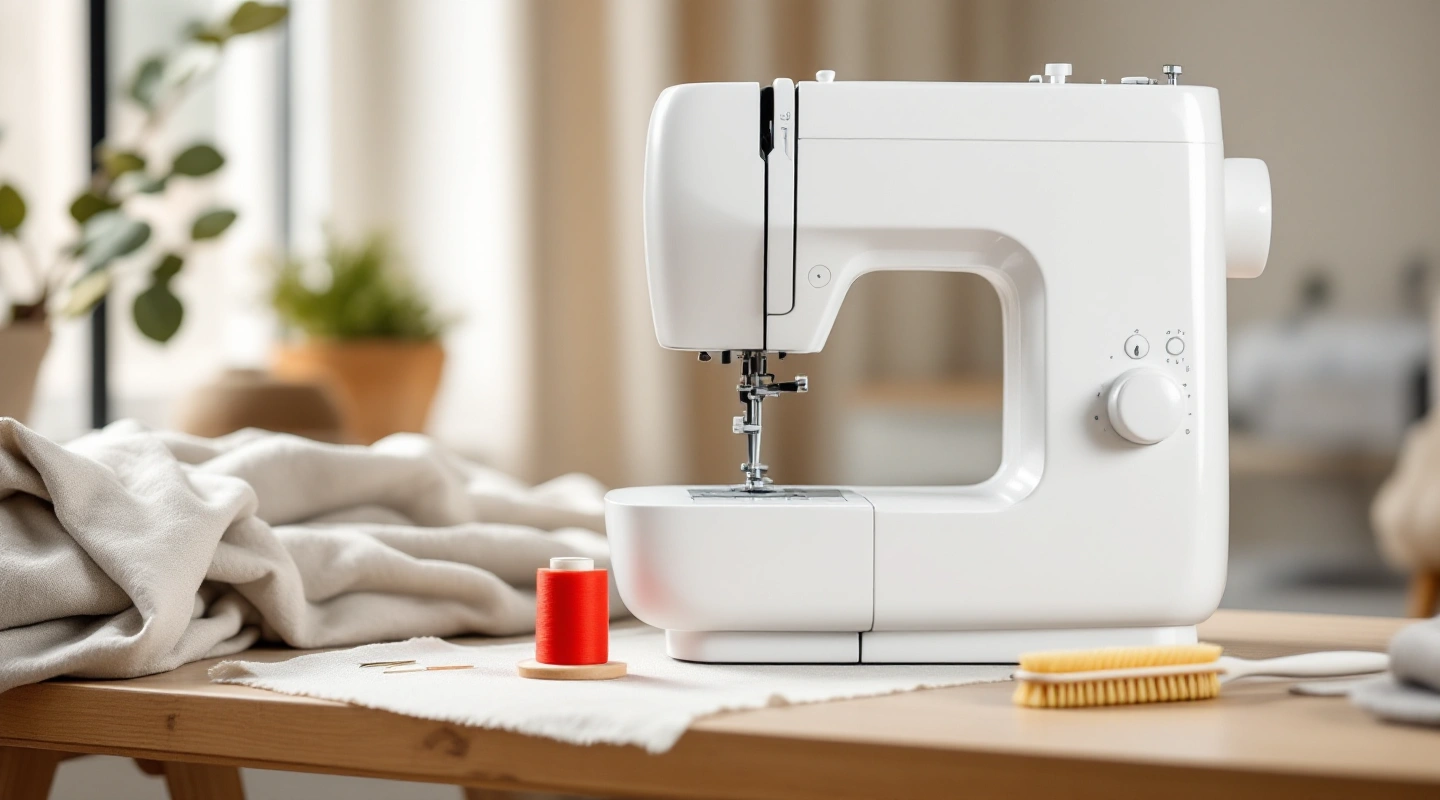 White sewing machine with a red thread spool and a lint brush