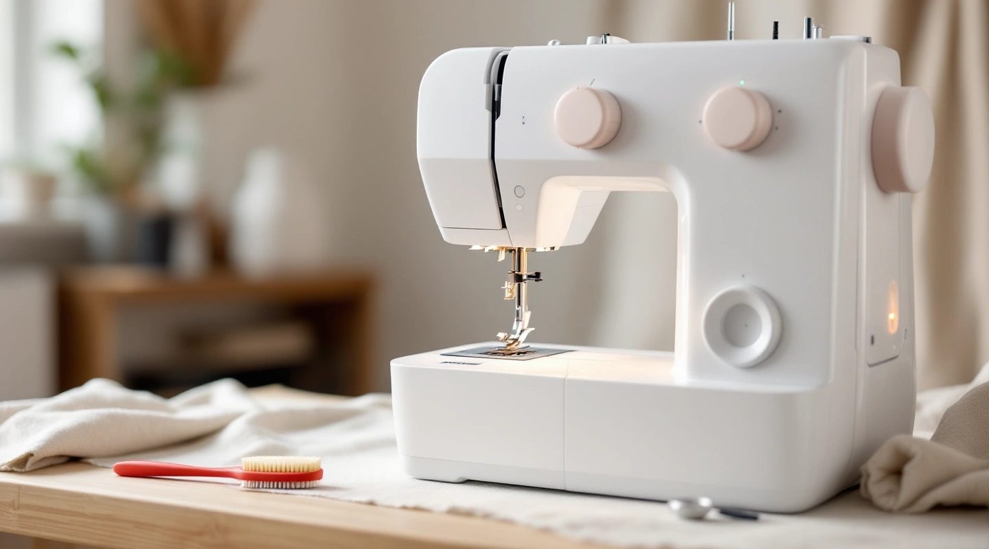 White sewing machine on a table with a red-handled lint brush in front