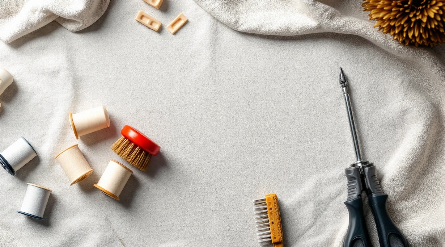 Flat lay of thread spools, a lint brush and small tools on white fabric