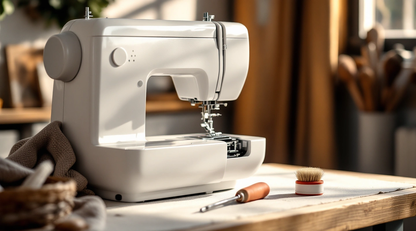 White sewing machine with a small screwdriver and lint brush on the table