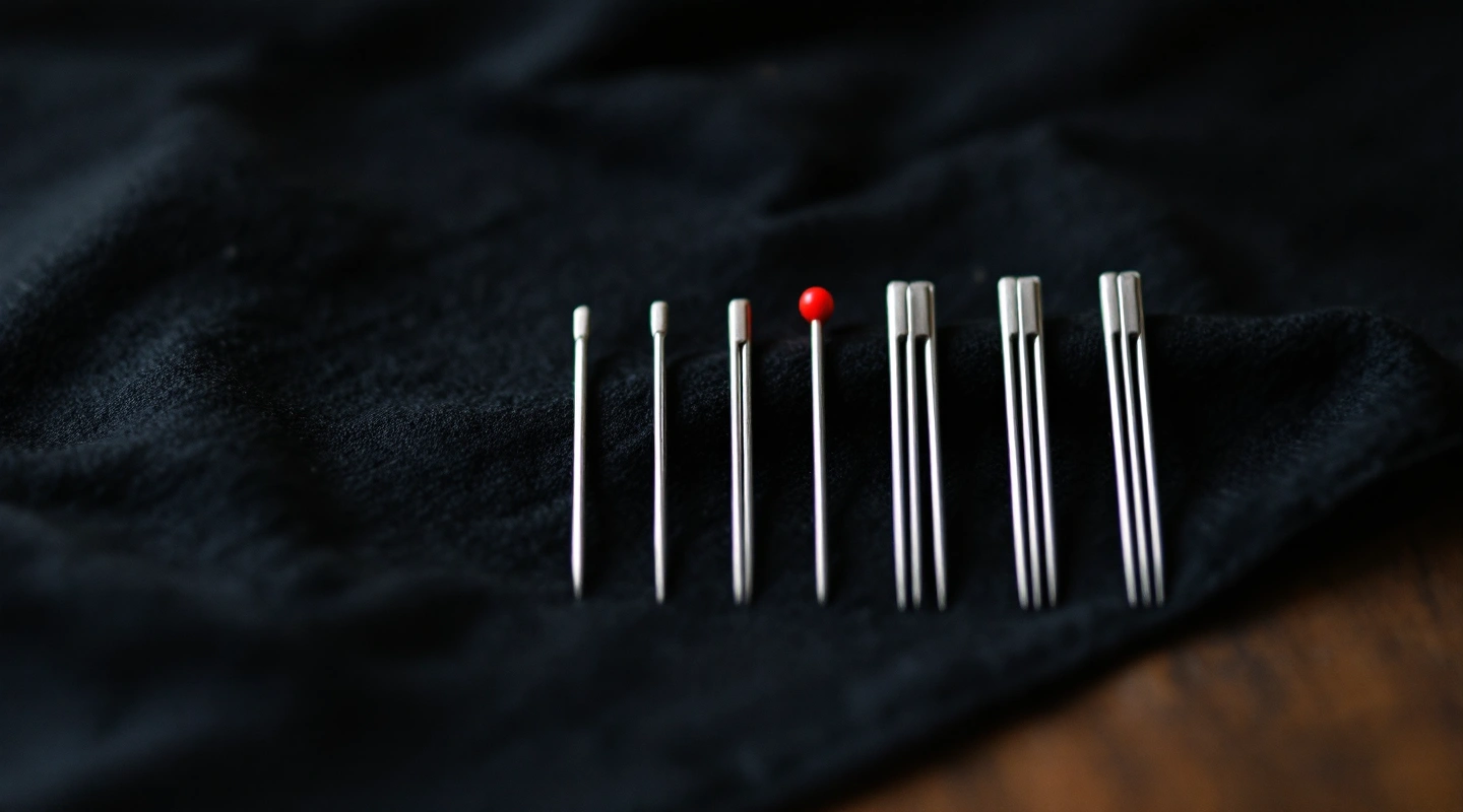 Sewing machine needles of increasing size lined up on dark fabric
