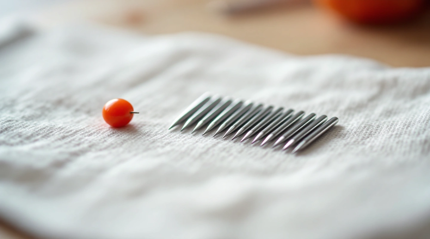 A row of sewing machine needles on white fabric next to a red pin