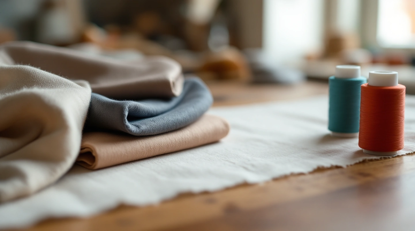Folded fabrics of different weights beside two thread spools