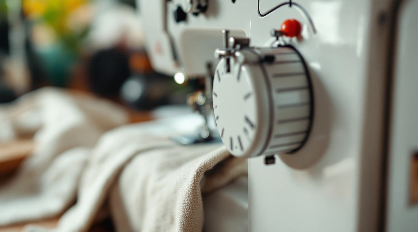 Close-up of a round dial with tick marks on a white sewing machine