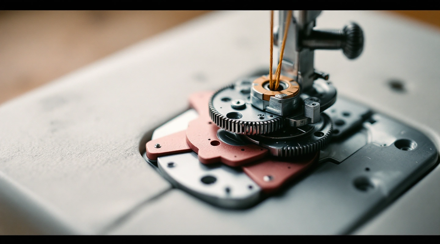 Macro of internal sewing machine parts with thread passing through