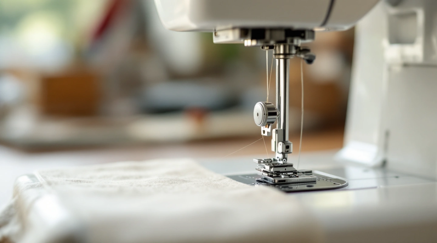 Close-up of a sewing machine needle, presser foot and thread path