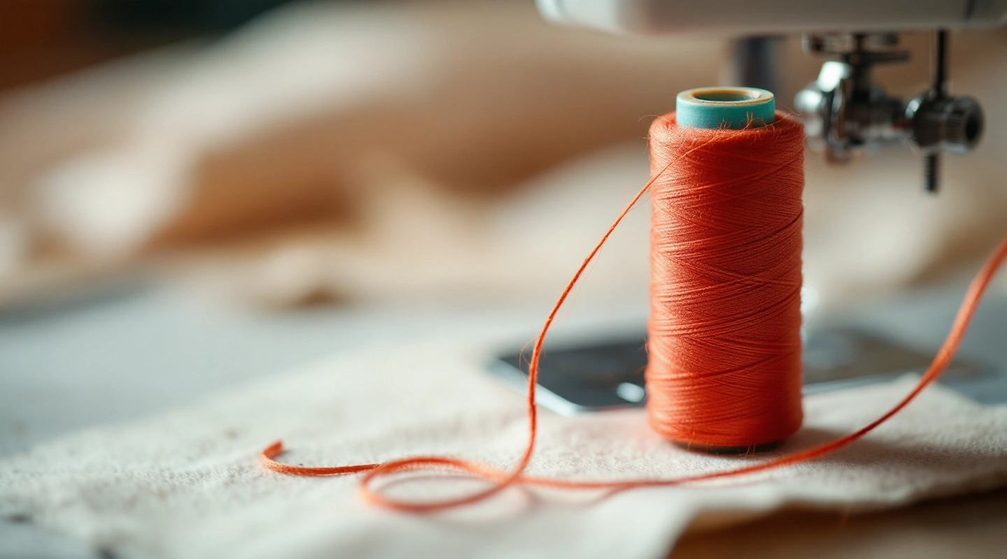 Tomato-red thread spool with a loose thread end curling across fabric