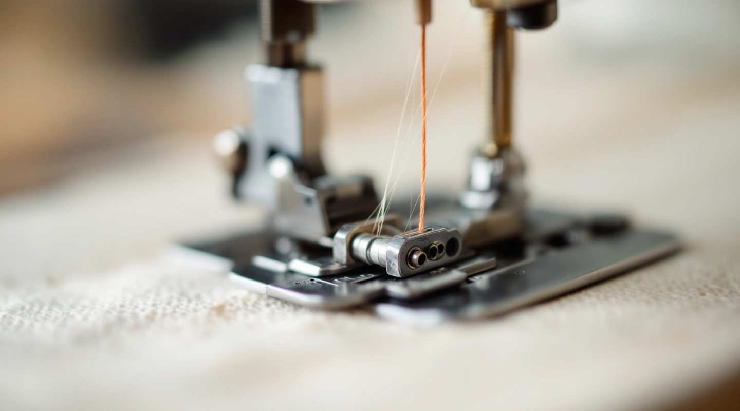 Thread running down to a sewing machine needle and presser foot