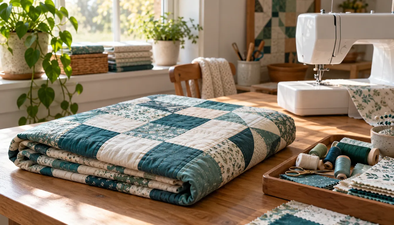Folded teal and cream patchwork quilt on a sewing table beside thread and a sewing machine