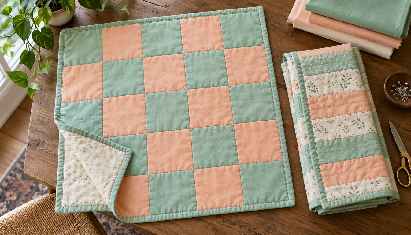 Mint and apricot square quilt beside a folded strip quilt and plain fabrics