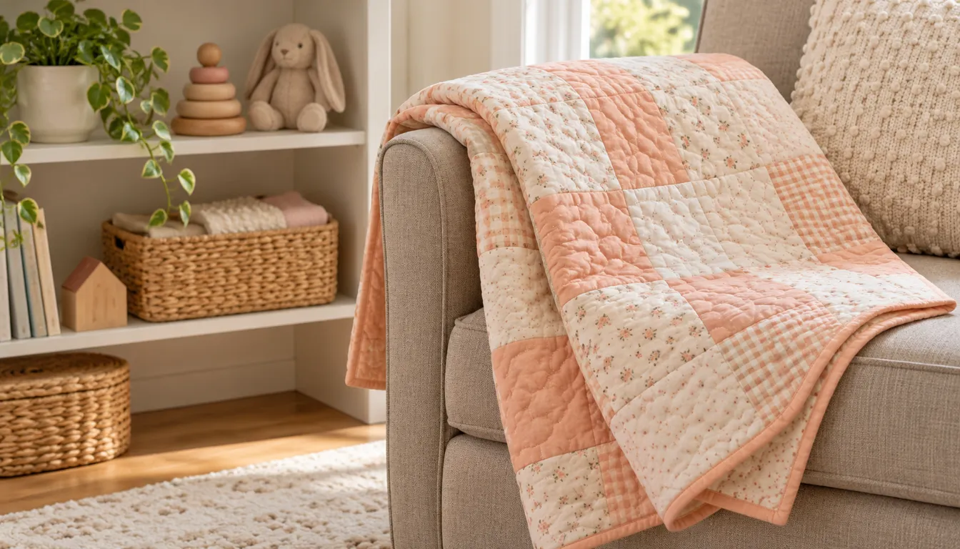 Peach and cream patchwork quilt folded over an armchair in a nursery