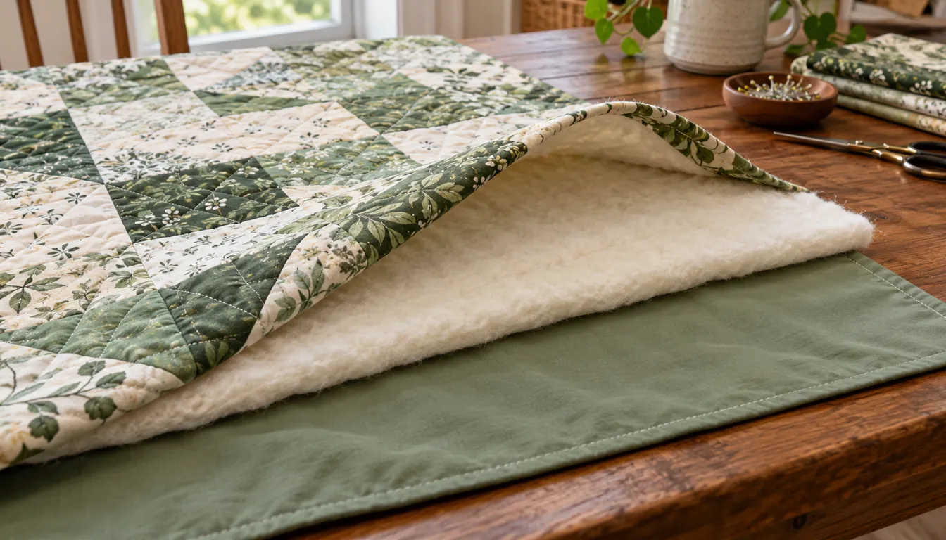 Green quilt top folded back to show batting and cloth backing