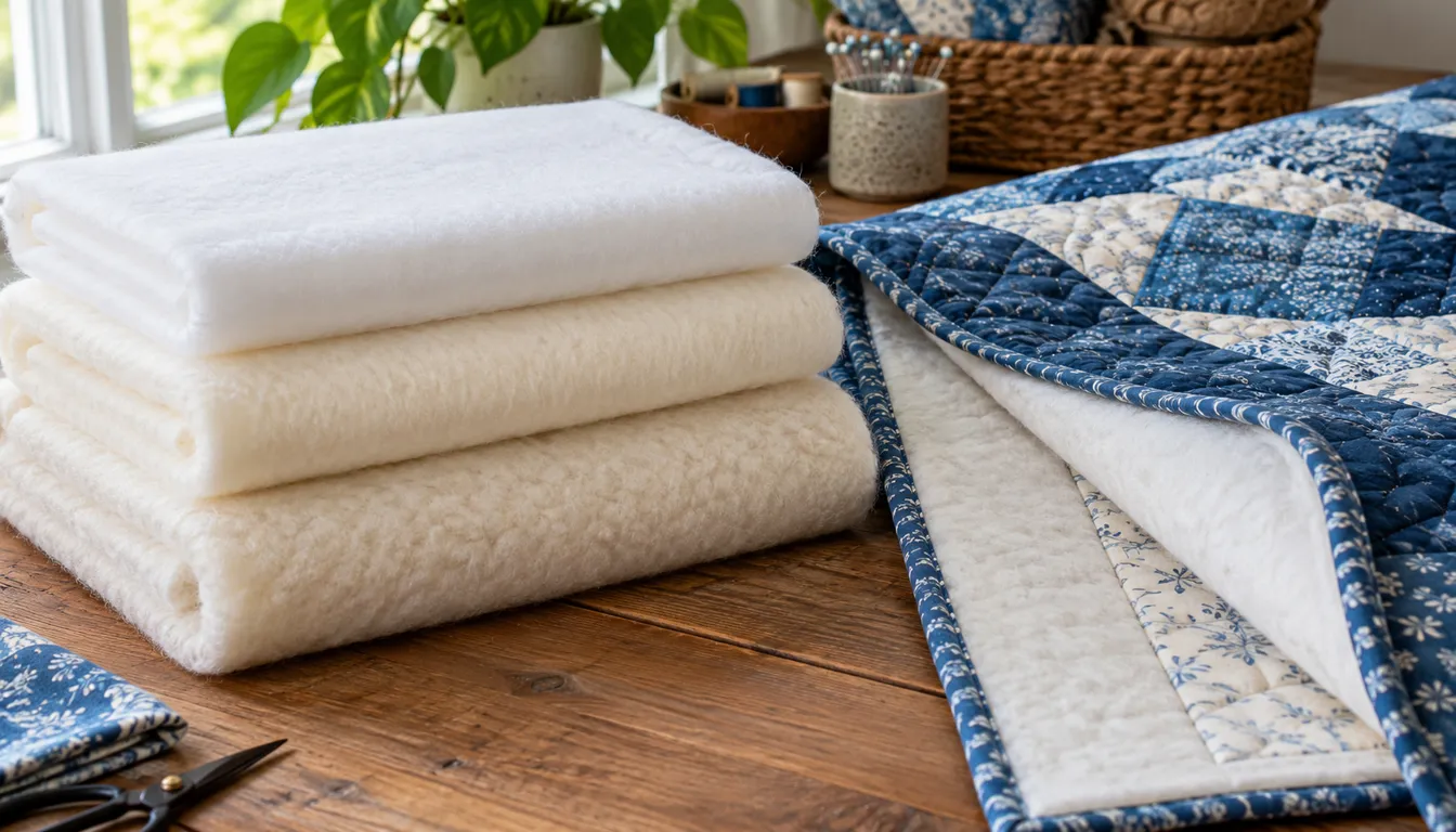 Folded batting samples and a quilt with its layers exposed