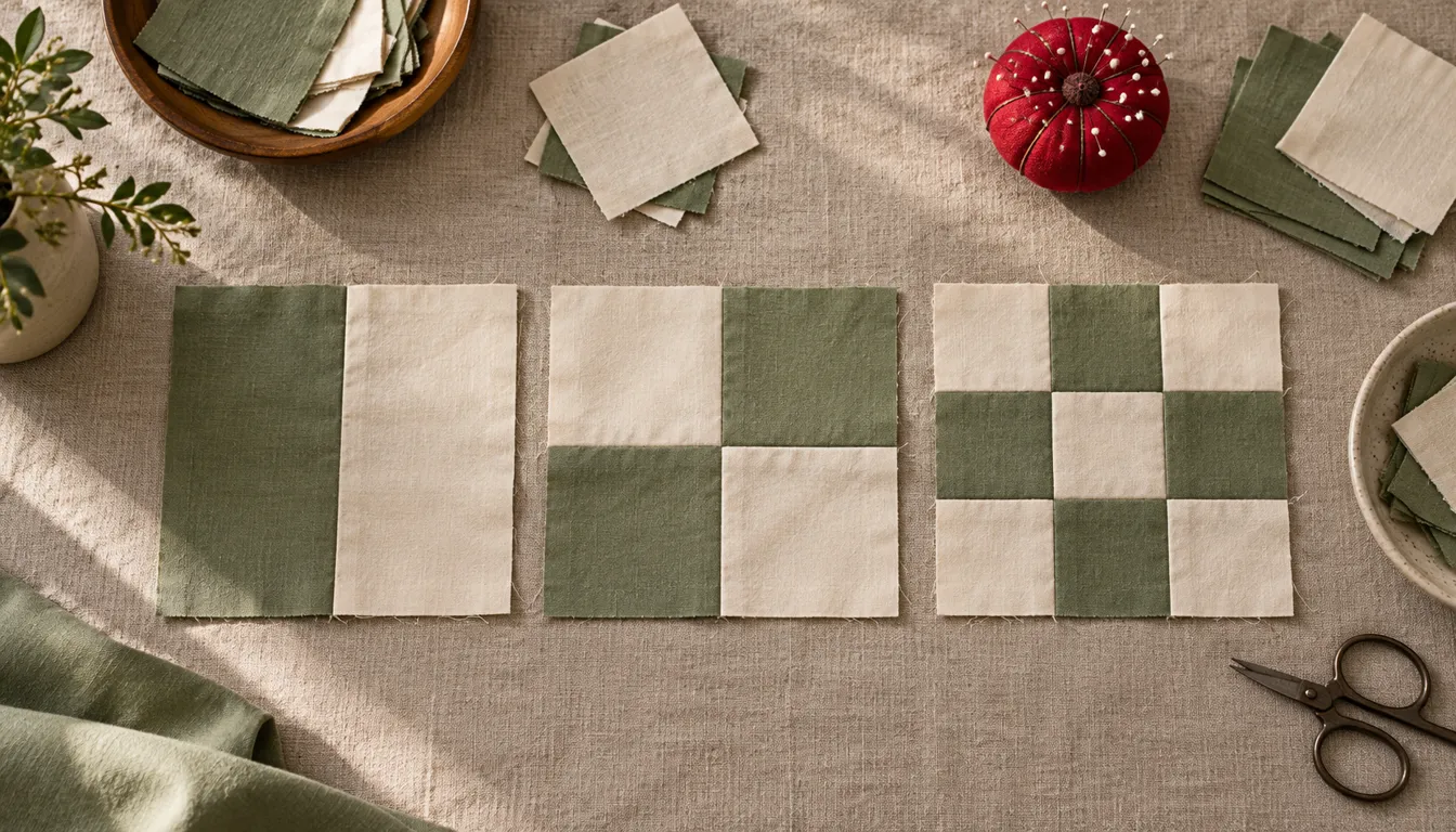 Sage and cream bar and four-patch practice blocks with loose squares