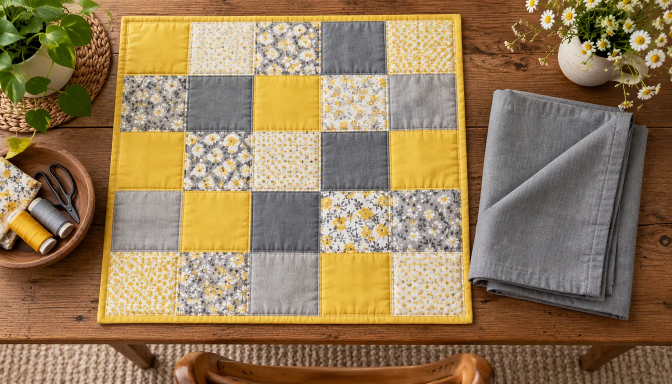 Yellow and gray square patchwork quilt laid flat on a wooden table beside folded gray fabric