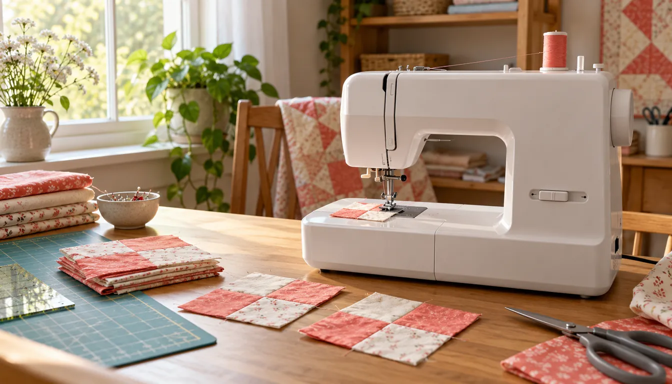 White sewing machine with coral and cream practice blocks