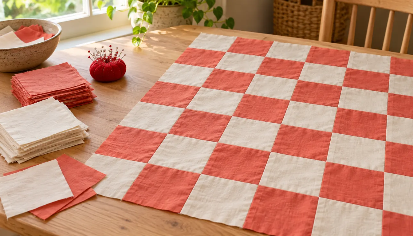 Coral and cream checkerboard quilt top with loose squares on a table