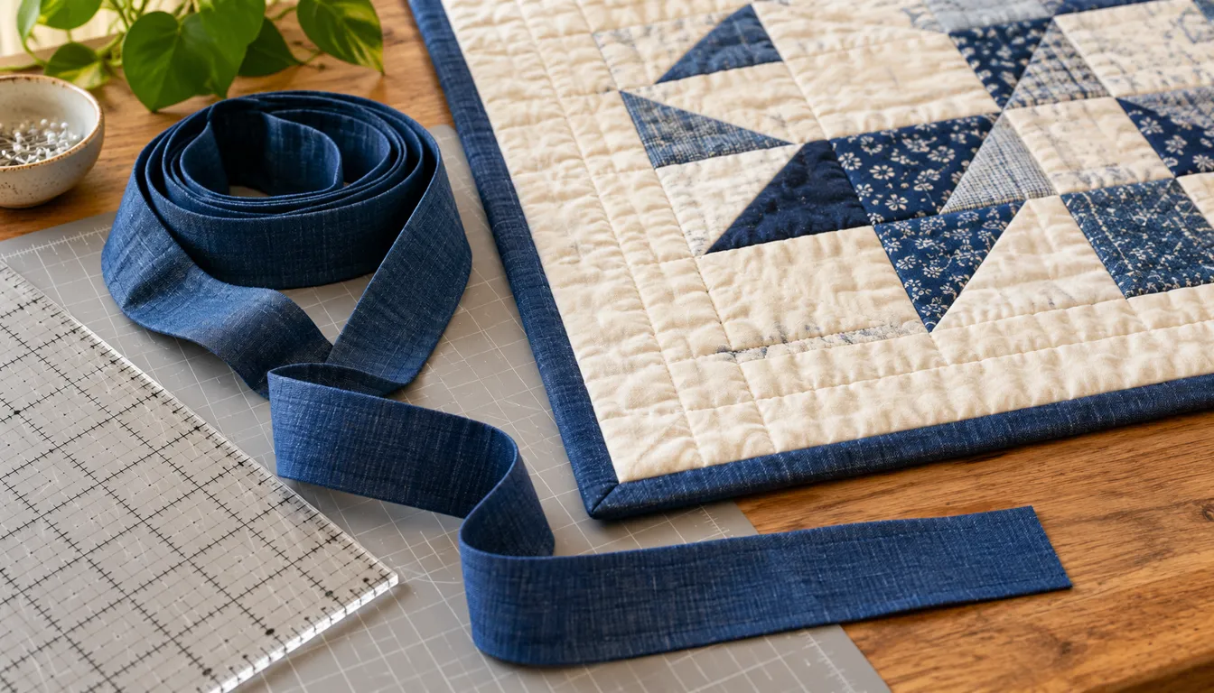 Indigo binding strips coiled beside a cream quilt edge and clear ruler