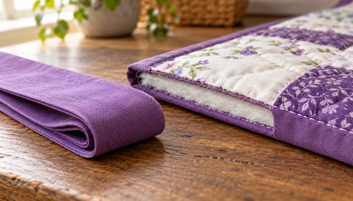 Purple folded binding strip beside a purple and cream quilt edge