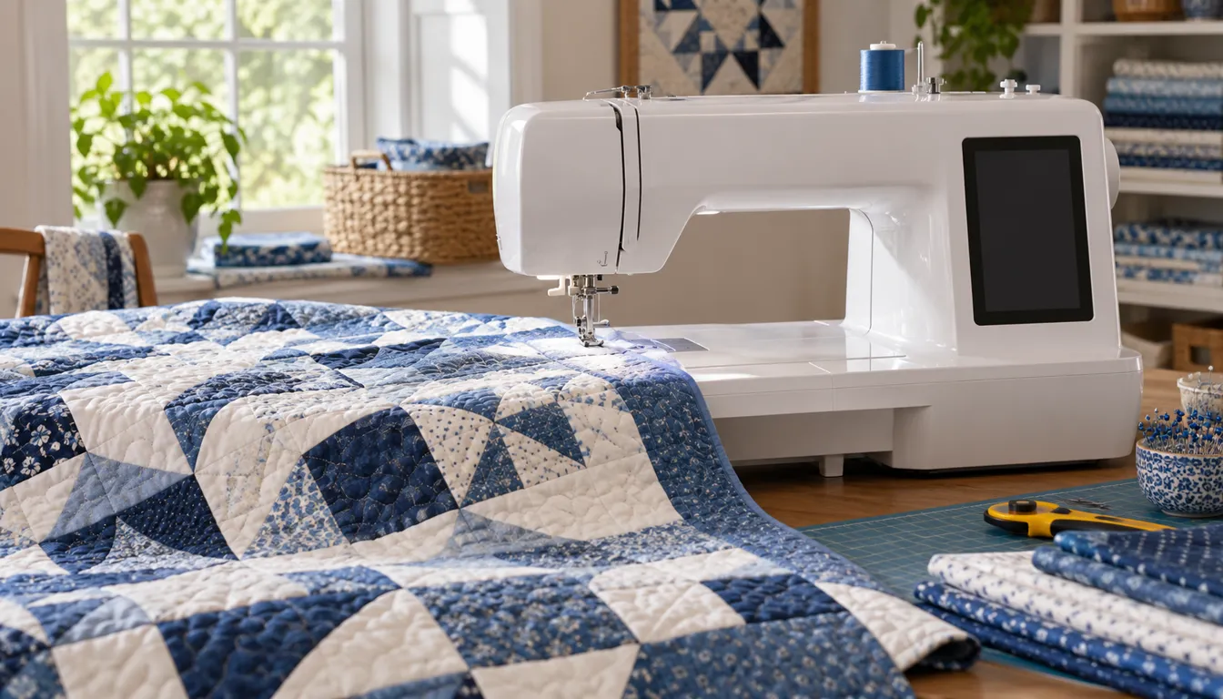 White sewing machine and a blue quilt on an extension table