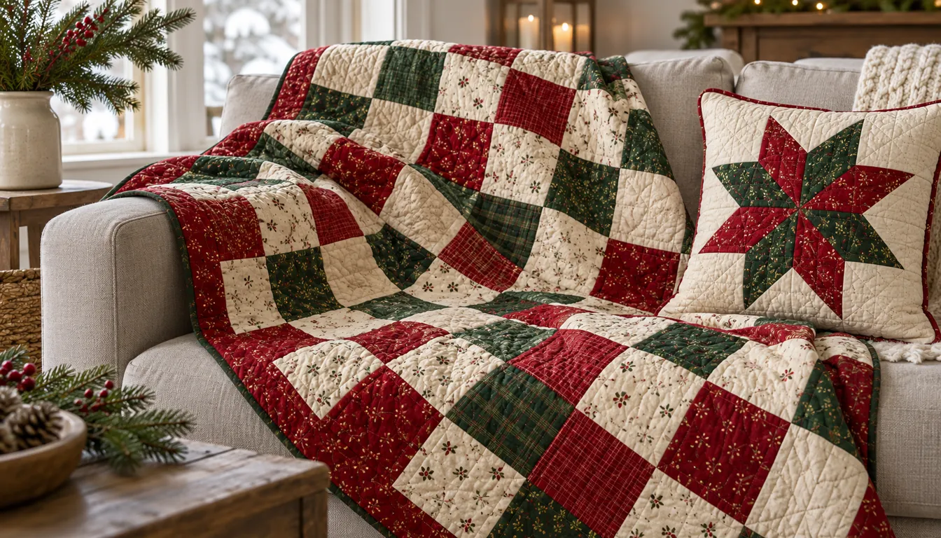 Red green and cream patchwork quilt on a sofa beside a star cushion