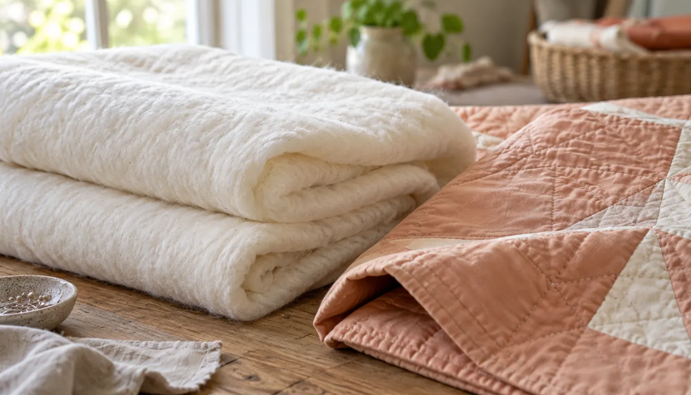 Cream cotton batting folded beside a terracotta quilt top
