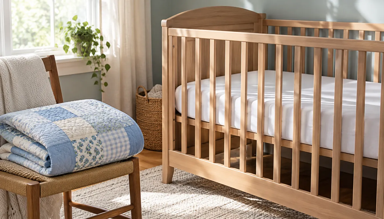 Empty wooden crib with a fitted sheet and a blue quilt folded on a separate chair