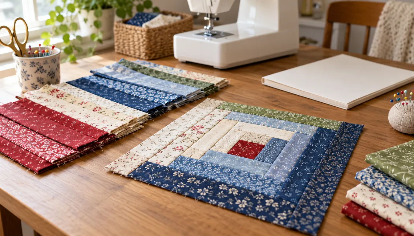 Sewn fabric strip sets and a log cabin block beside a blank booklet