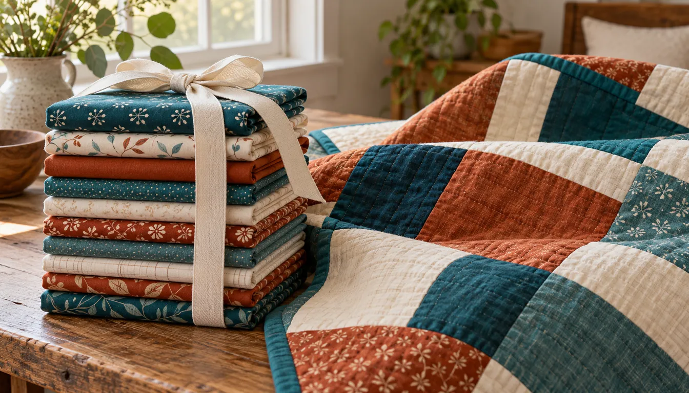 Folded cotton fat quarters tied with ribbon beside a rectangle patchwork quilt