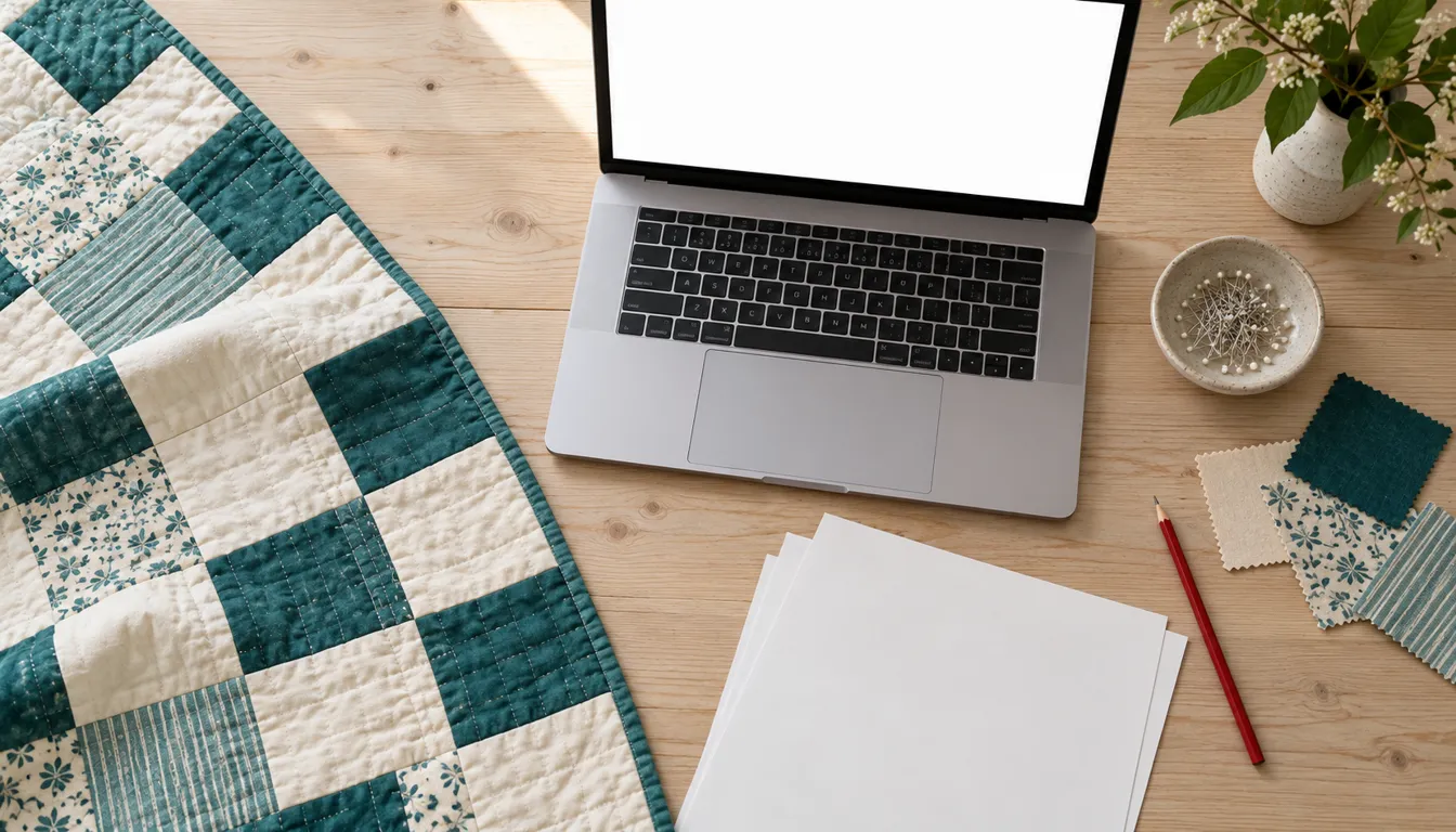 Teal patchwork corner beside a laptop with a blank screen and blank paper