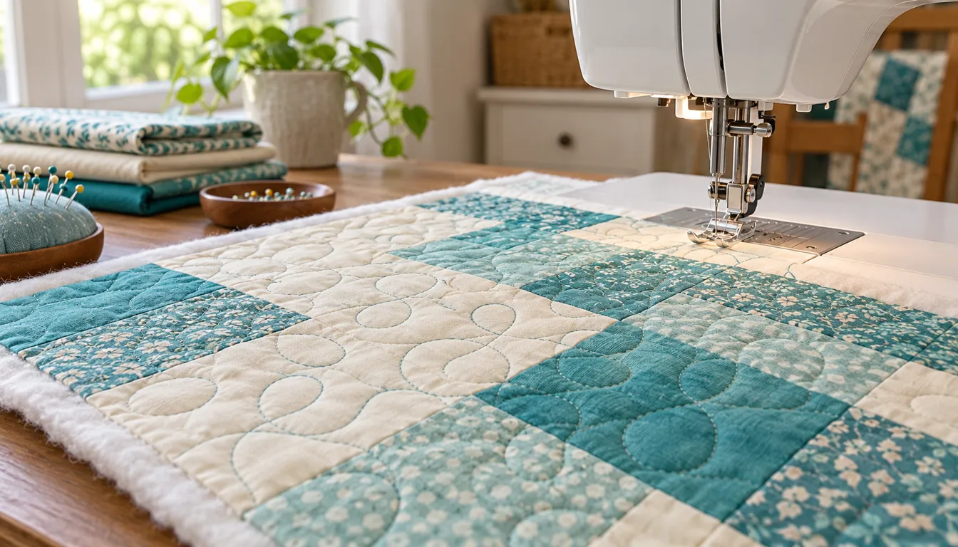 Turquoise and cream quilt sandwich with looping stitches beside a sewing machine