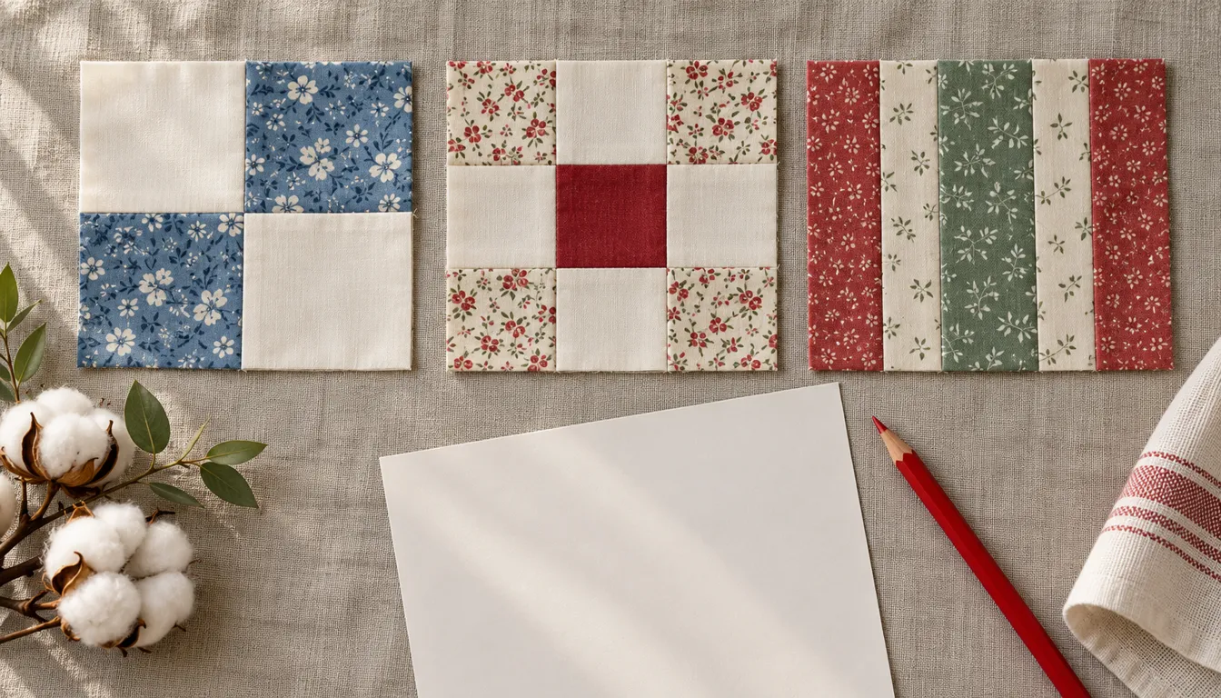 Three quilt blocks in blue, cream, red and green beside blank paper and a red pencil