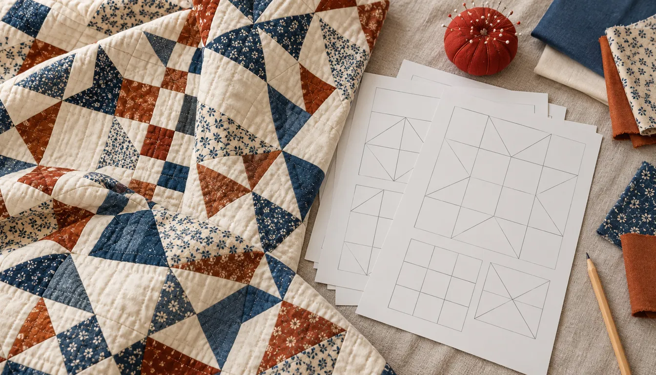 Blue, rust and cream star quilt beside printed block-diagram sheets, swatches and a pencil