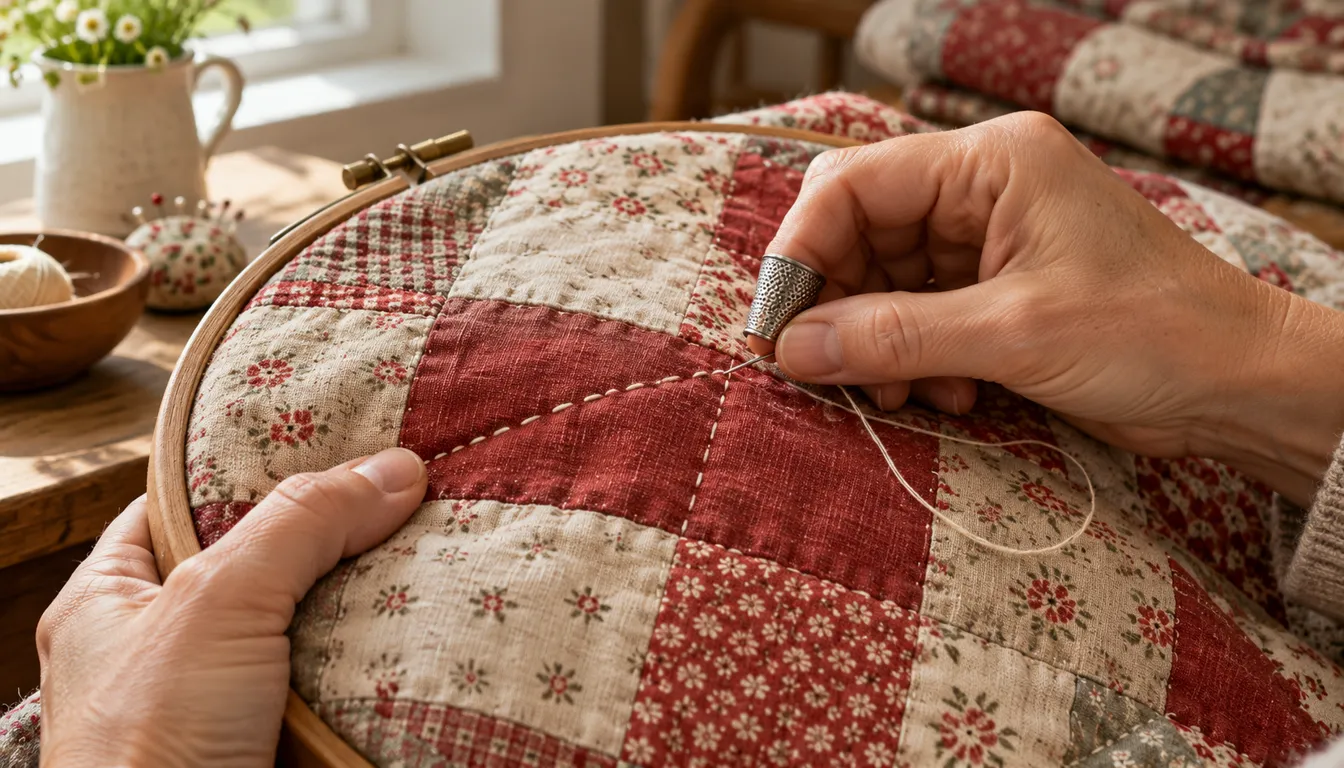 Hands making running stitches in a red patchwork quilt held in a wooden hoop