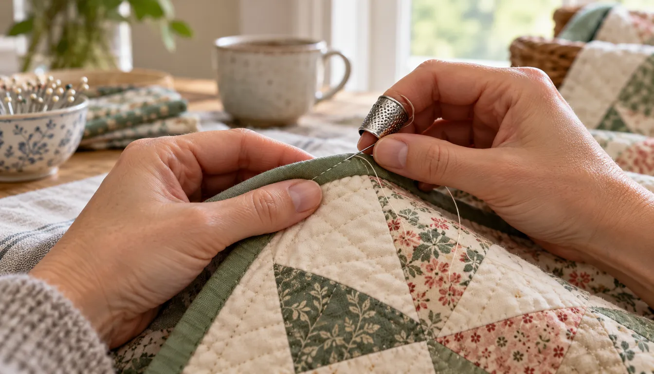 Hands with a thimble stitching sage binding around a patchwork quilt edge
