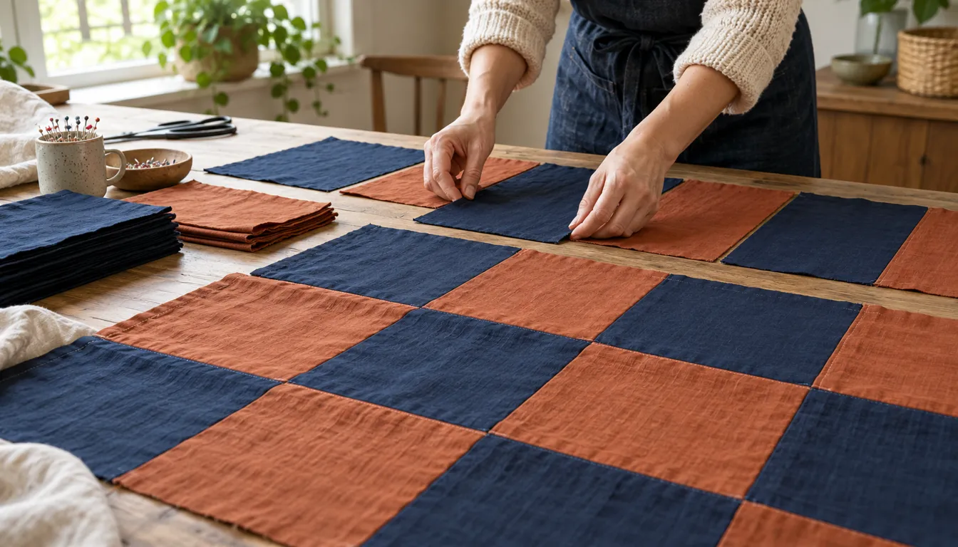 Hands arranging navy and rust rectangles into a patchwork grid on a table