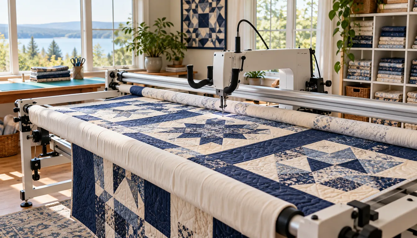 Longarm machine over a navy and cream quilt on a roller frame