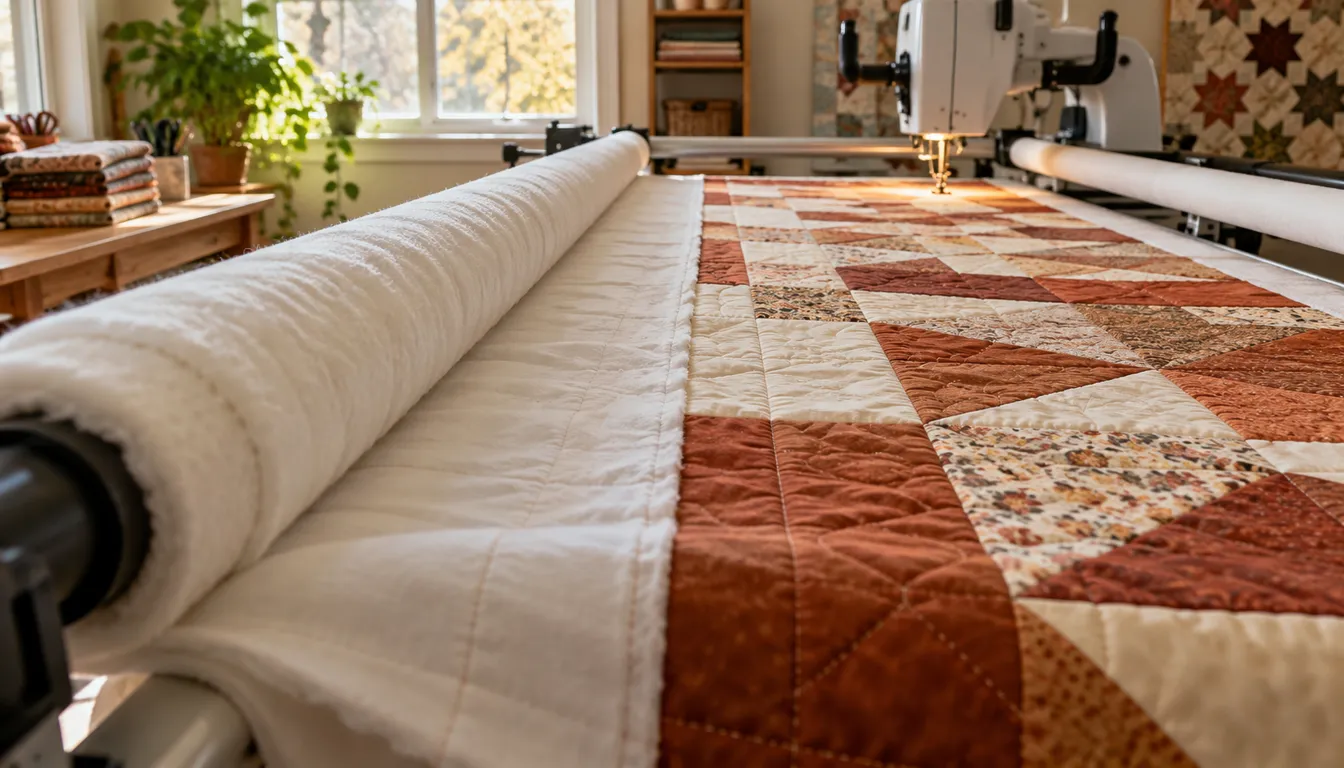 Rollers holding backing, batting and a rust quilt top on a quilting frame