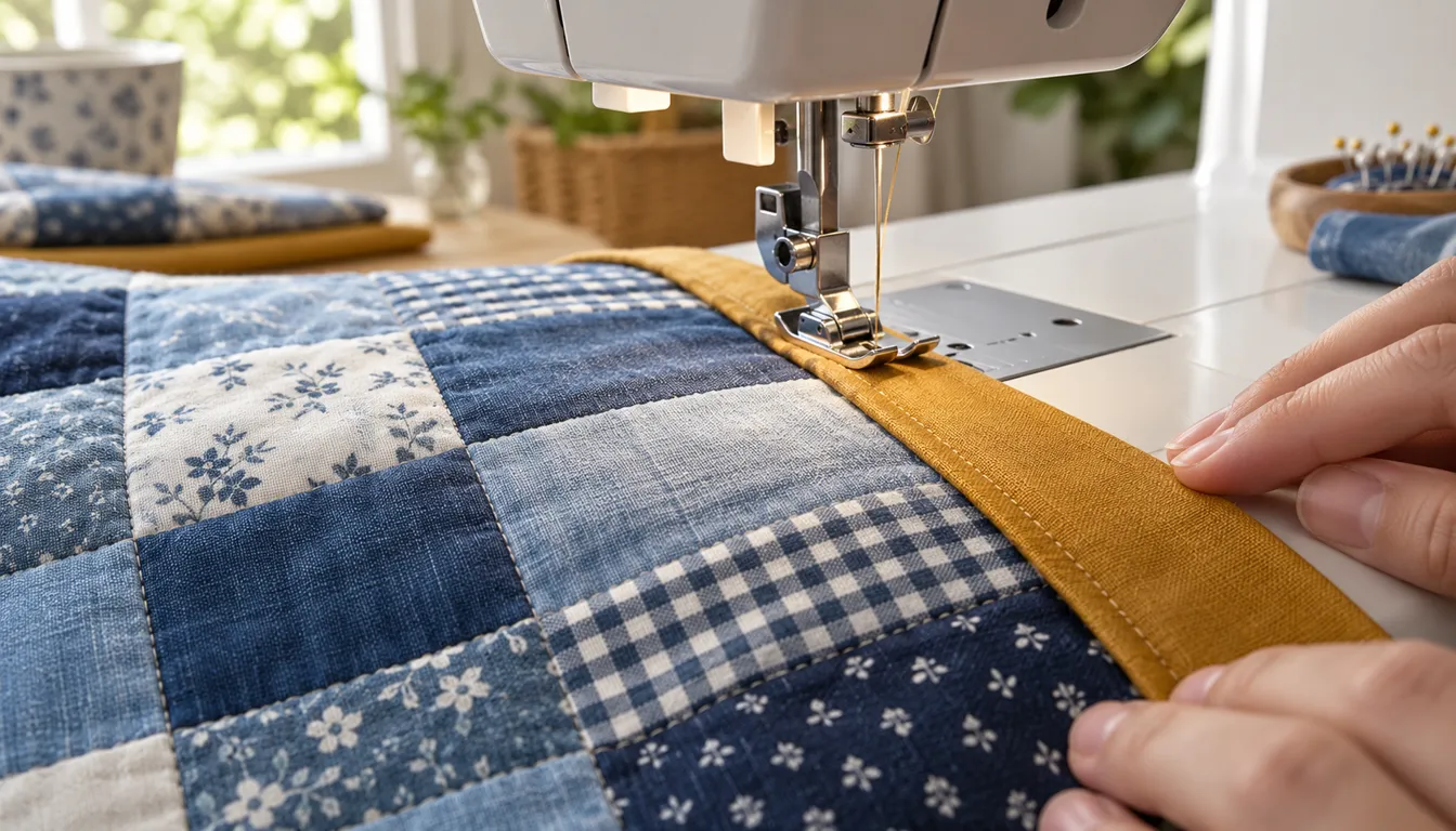 A sewing machine foot stitching ochre binding onto a blue quilt