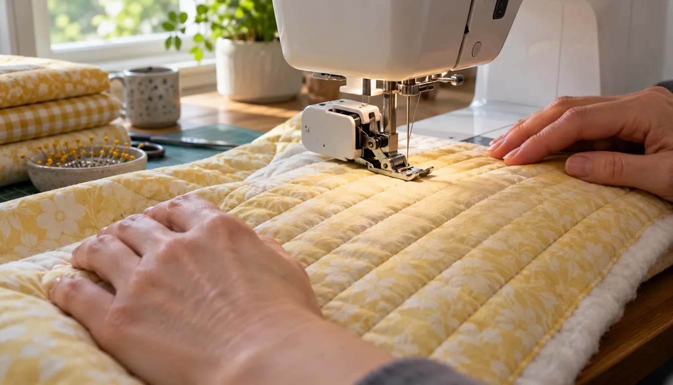 Hands moving a yellow quilt sandwich under a sewing machine foot